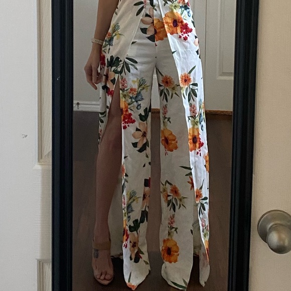 Fashion Nova white multicolor floral strapless cut outs wide leg jumpsuit - Picture 2 of 14